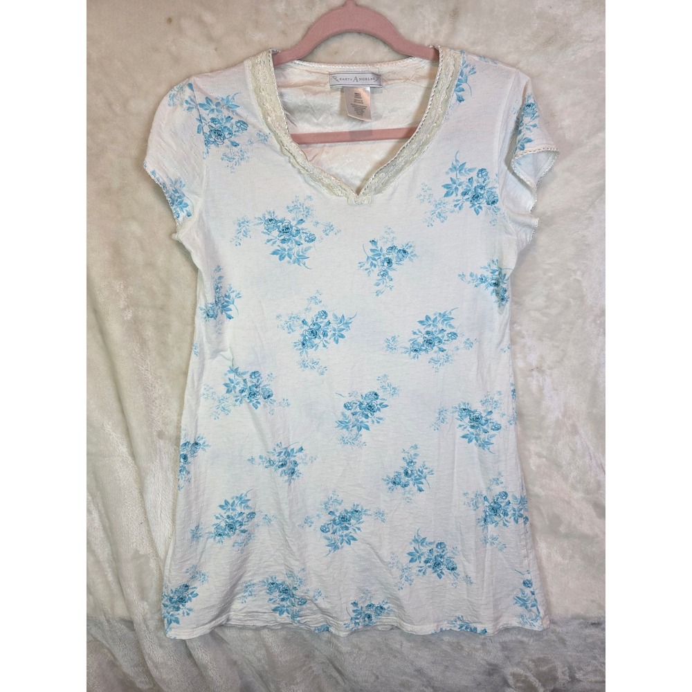 Earth Angels Women‎ Ivory Blue Floral Cotton Pointelle Lace Trim Sleep Shirt S